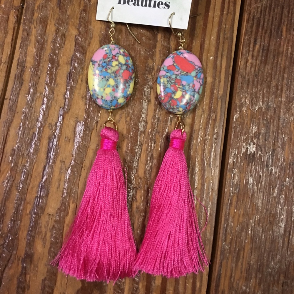 Hot pink silk tassel earrings with stone